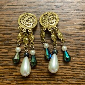 Vintage Clip On Earrings Long Dangles Pearl Beads